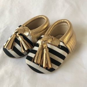 Gold, Black and White Striped Moccasins
